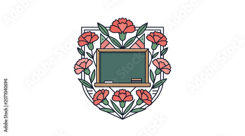 School Crest with Carnations and Chalkboard Emblem