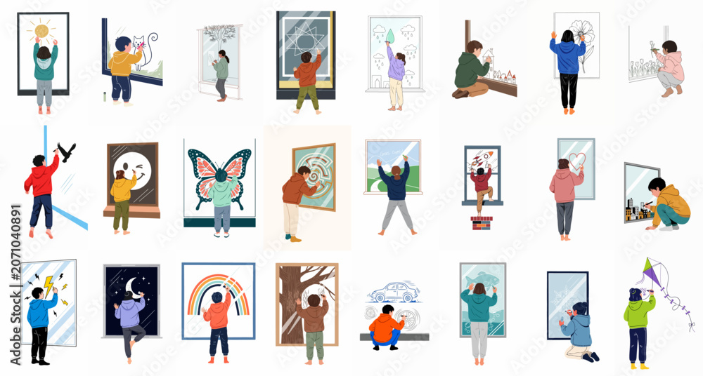Fototapeta premium Collection of diverse children creatively drawing various colorful scenes, animals, and objects on windows, depicting imaginative indoor play and artistic expression for kids.
