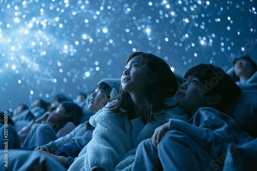Korean children looking up at stars in planetarium dome show