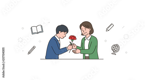 Student Giving Carnation Flower to Teacher on Teachers Day