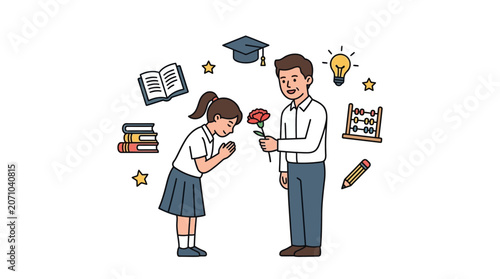 Student giving flower to teacher for Teachers Day celebration