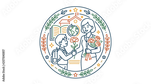 Student Giving Flower to Teacher Badge Design