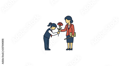 Student Giving Carnation to Teacher Vector Illustration