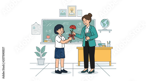 Student Giving Flower to Teacher in Classroom
