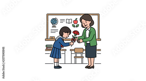 Student Giving Flower to Teacher in Classroom