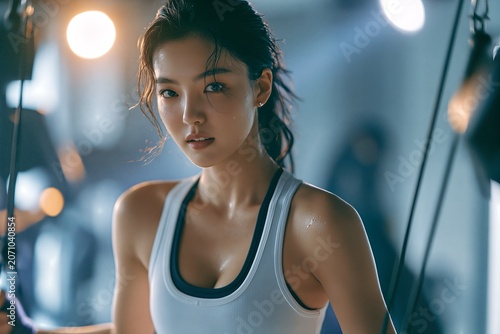Athletic Korean woman in sportswear training at modern fitness gym