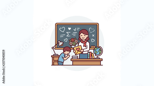 Student Giving Flowers and Card to Teacher in Classroom