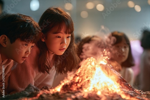 Korean children watching erupting volcano science model with glowing lava