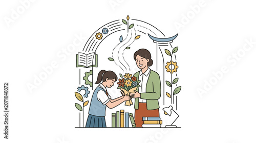 Student Giving Flowers to Teacher Illustration