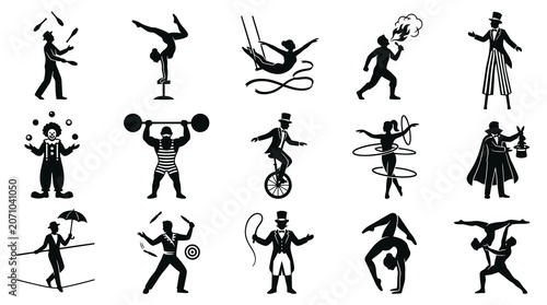 Circus Performers Silhouettes - Black and White Glyph Icons Set