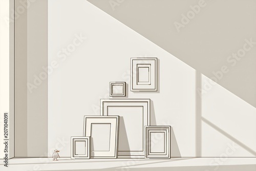 Minimal line art empty picture frames leaning on wall with sunlight and tiny duck