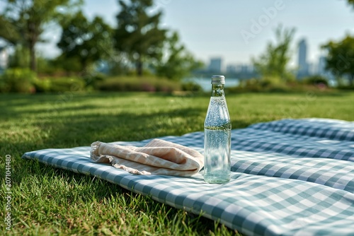 Sparkling water glass bottle on picnic blanket in sunny city park background