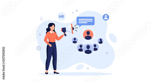 HR professional using megaphone to announce job opportunity and build team connections, flat design vector illustration