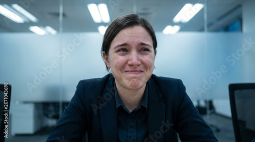 Emotional businesswoman crying through bittersweet smile in office