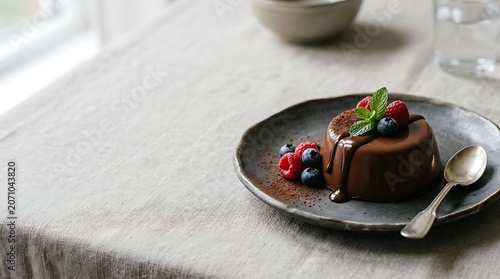 Chocolate panna cotta with fresh berries on a rustic plate