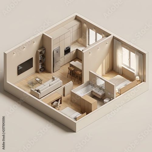 Modern Compact Studio Apartment Layout With Integrated Bedroom And Living Space