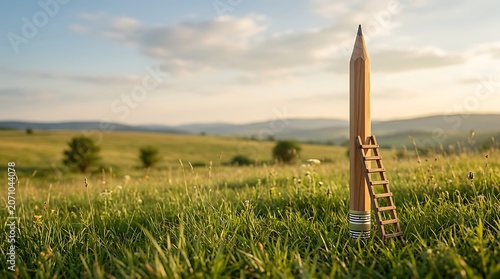 Giant pencil and ladder in a green field representing growth