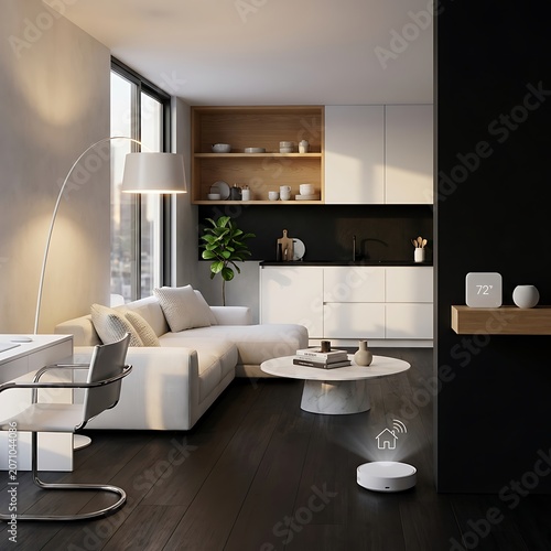 Modern living room with smart thermostat and stylish furniture arrangement