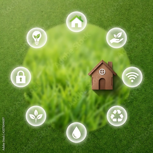 Smart Home Eco Friendly Concept With Green Technology Icons Surrounding House