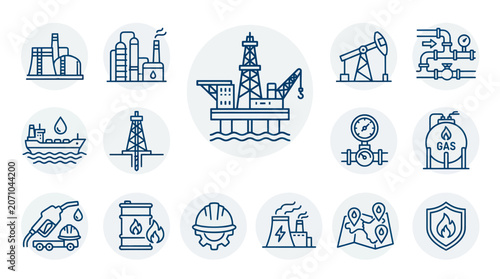Foto Oil and Gas Industry Icons: Offshore Platform, Pumpjack, Refinery, Gas Tank