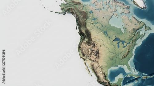 Topographic 3d relief map of north america showing mountain ranges