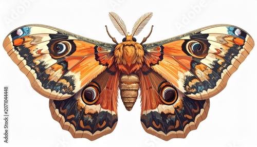 Detailed illustration of a vibrant and intricate emperor moth with open wings.