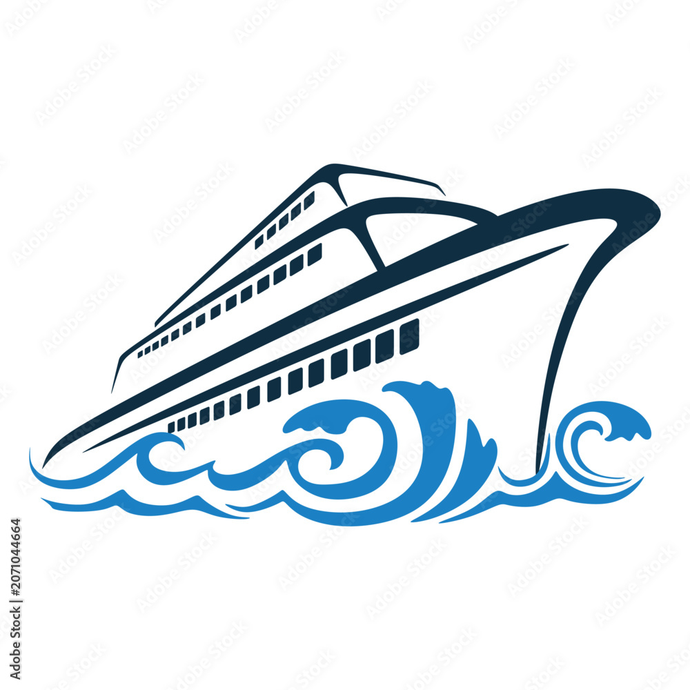 Obraz premium Modern cruise ship logo design template featuring a large luxury yacht sailing on blue ocean waves isolated on a white background.