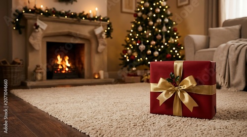 Red christmas gift box with gold ribbon in a cozy festive home