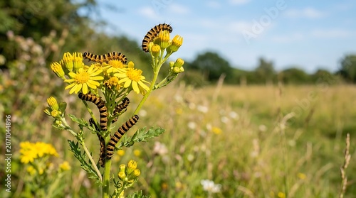 Cinnabar moth caterpillars feeding on yellow ragwort flowers in a field