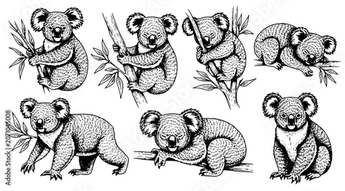 Tableau sur toile Hand drawn koala bear illustrations in various natural poses and activities