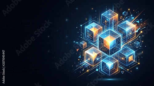 Abstract glowing digital cubes representing blockchain data network