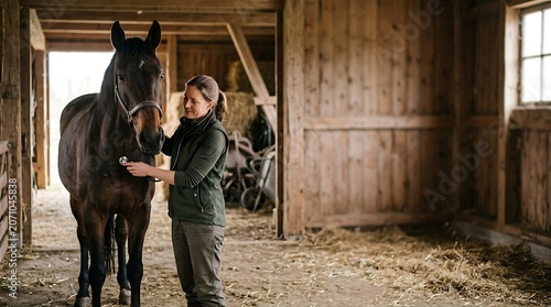 Female veterinarian examining a horse in a rustic wooden stable
