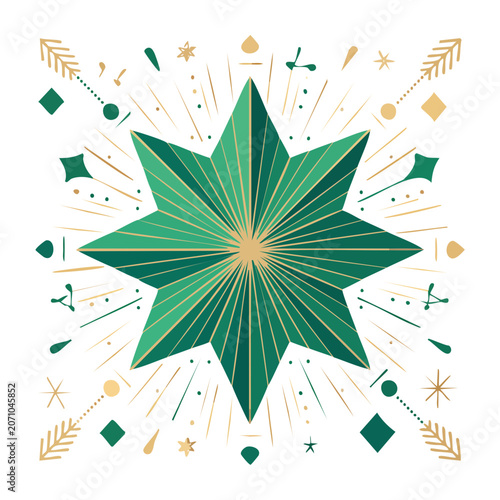 Green and gold starburst with geometric elements