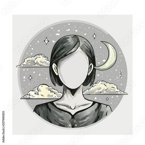 Hand drawn woman silhouette with moon and clouds