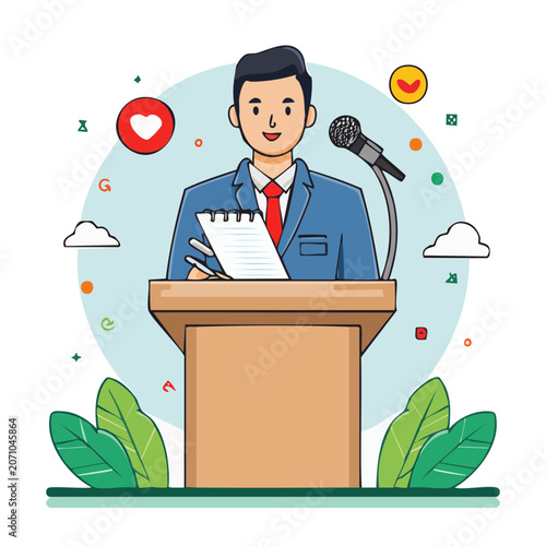 Man giving speech at podium with microphone and notes