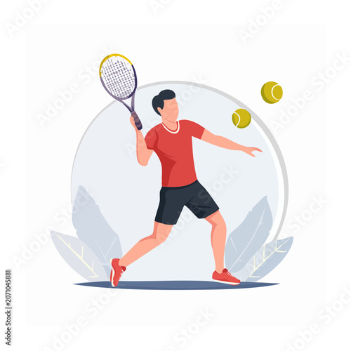 Man playing tennis with racket and balls