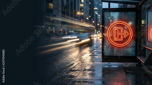 Glowing red exit sign on an urban street at night