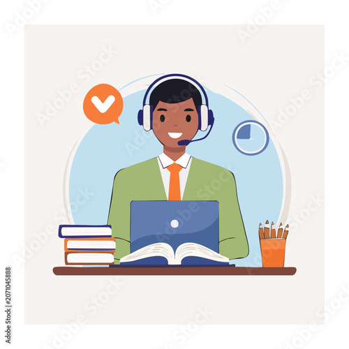 Man with headset working on laptop with books and pencils