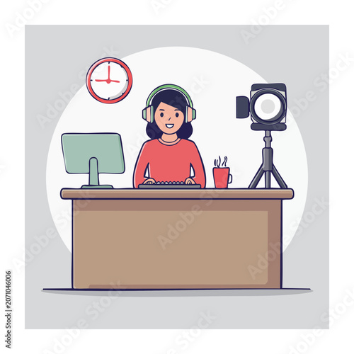 Woman streaming with headphones and camera at desk