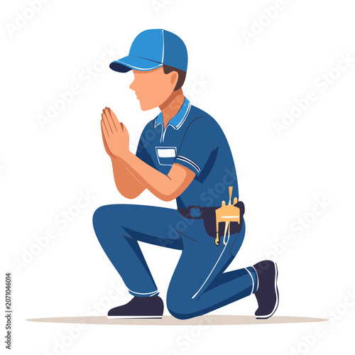 Worker in blue uniform kneeling and praying