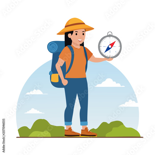 Woman hiker holding a compass with backpack and mountains background