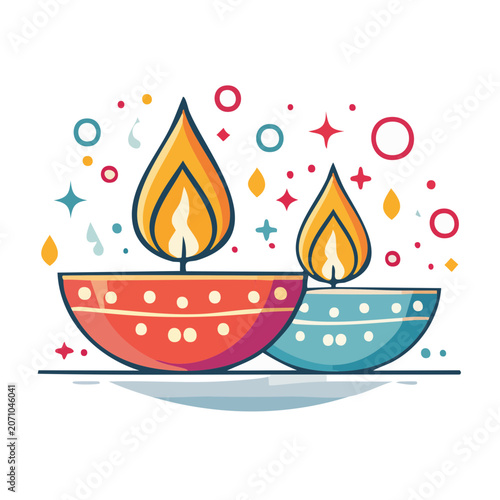 Two colorful diya lamps with flames and festive lights