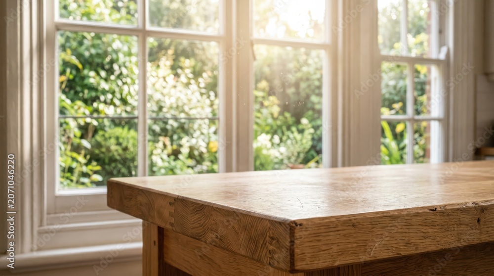 Fototapeta premium Empty rustic wooden table surface in sunlit home kitchen for product mockup presentation with a blurred garden view