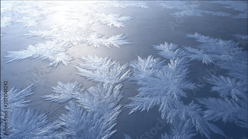 Frost patterns on a frozen surface, resembling delicate white snowflakes or feathery ice crystals, bathed in soft, cool light.
