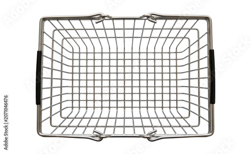 Fotografía Top view of silver metal wire shopping basket with black handles, isolated PNG