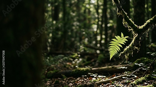 Sunbeam illuminates a single green fern in a dark dense forest