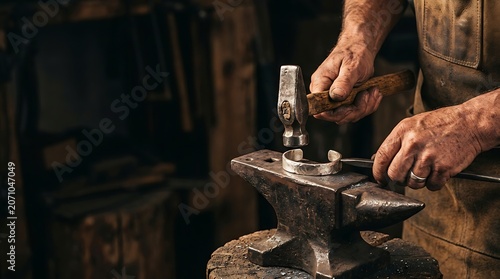 Craftsman shaping a metal bracelet on an anvil with a hammer