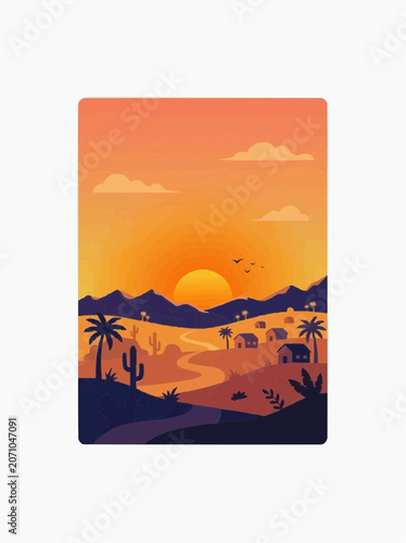 Desert landscape at sunset with small village and winding road