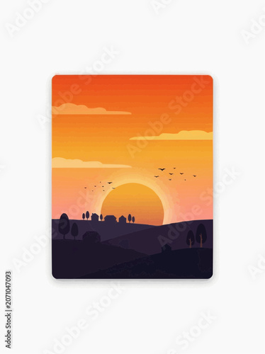 Stylized Sunset Over Rolling Hills with Village and Birds Flying