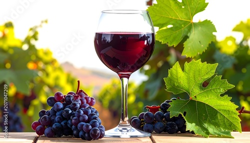 A tall stemmed glass of red wine is the centerpiece, alongside fresh grapes and leafy vines bathed in sunlight. Background shows more vines